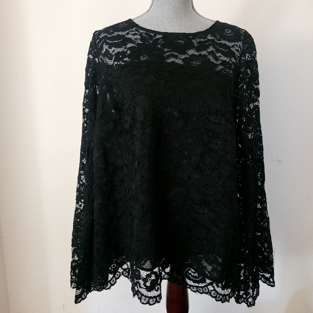 Eloquii Black Lace Overlay Long Sleeve Top Size 18